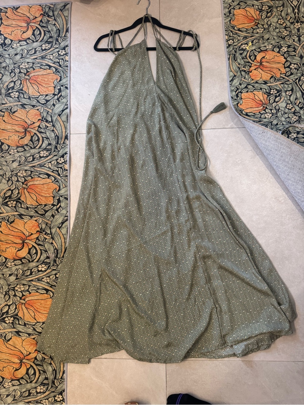 Halter Neck Olive Green Maxi Dress with metallic gold pattern